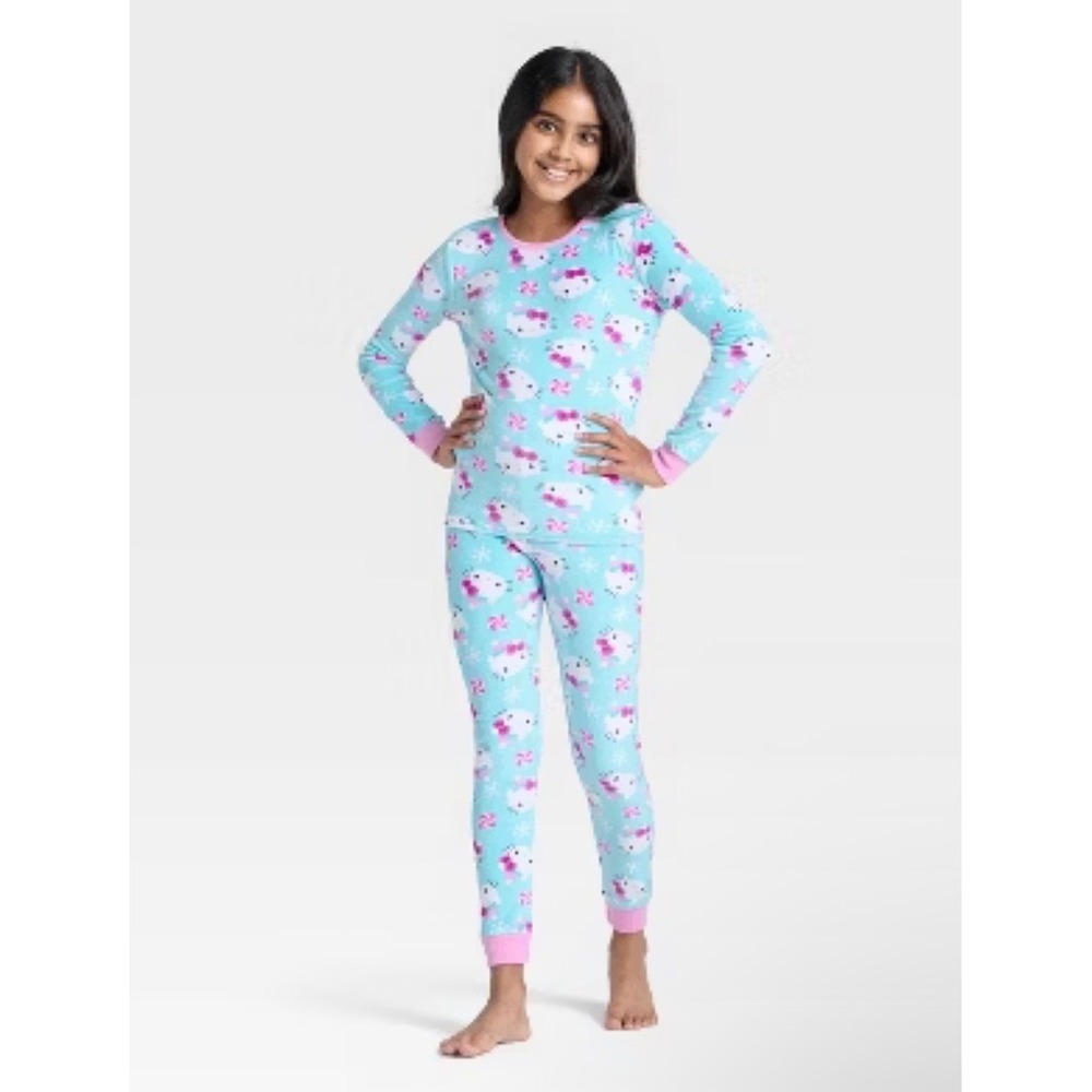 Hello Kitty Sanrio Girls Pajama Set Aqua Blue Winter Peppermint Fleece Size 8